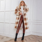 Women's Fluffy Plaid Coat with Elegant Lapel and Practical Pockets