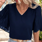 Women's Blouse with Elegant Off-Shoulder Puff Sleeves and V-Neck