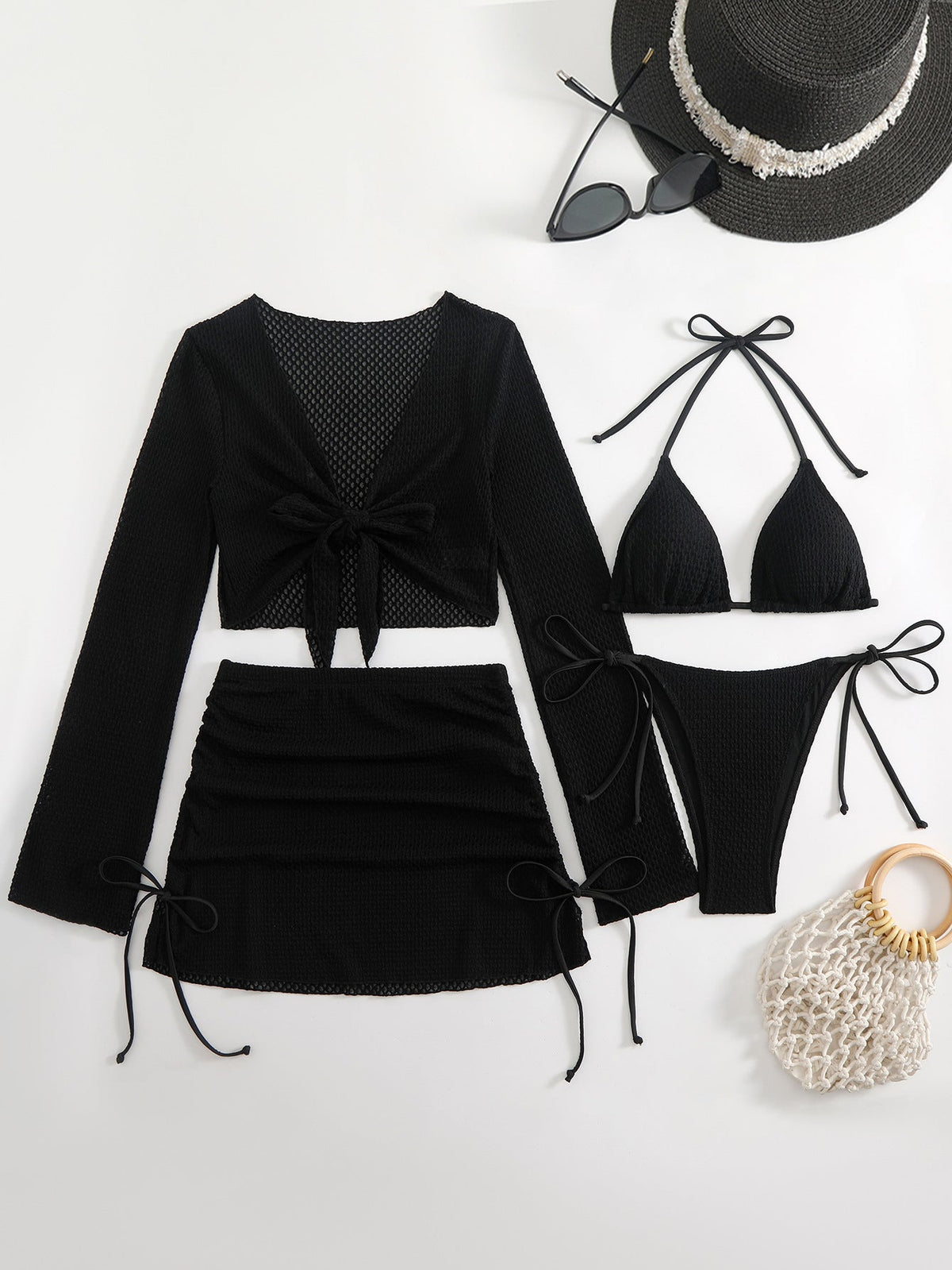 Women's Swimsuit Set with Mesh Design and Adjustable Details