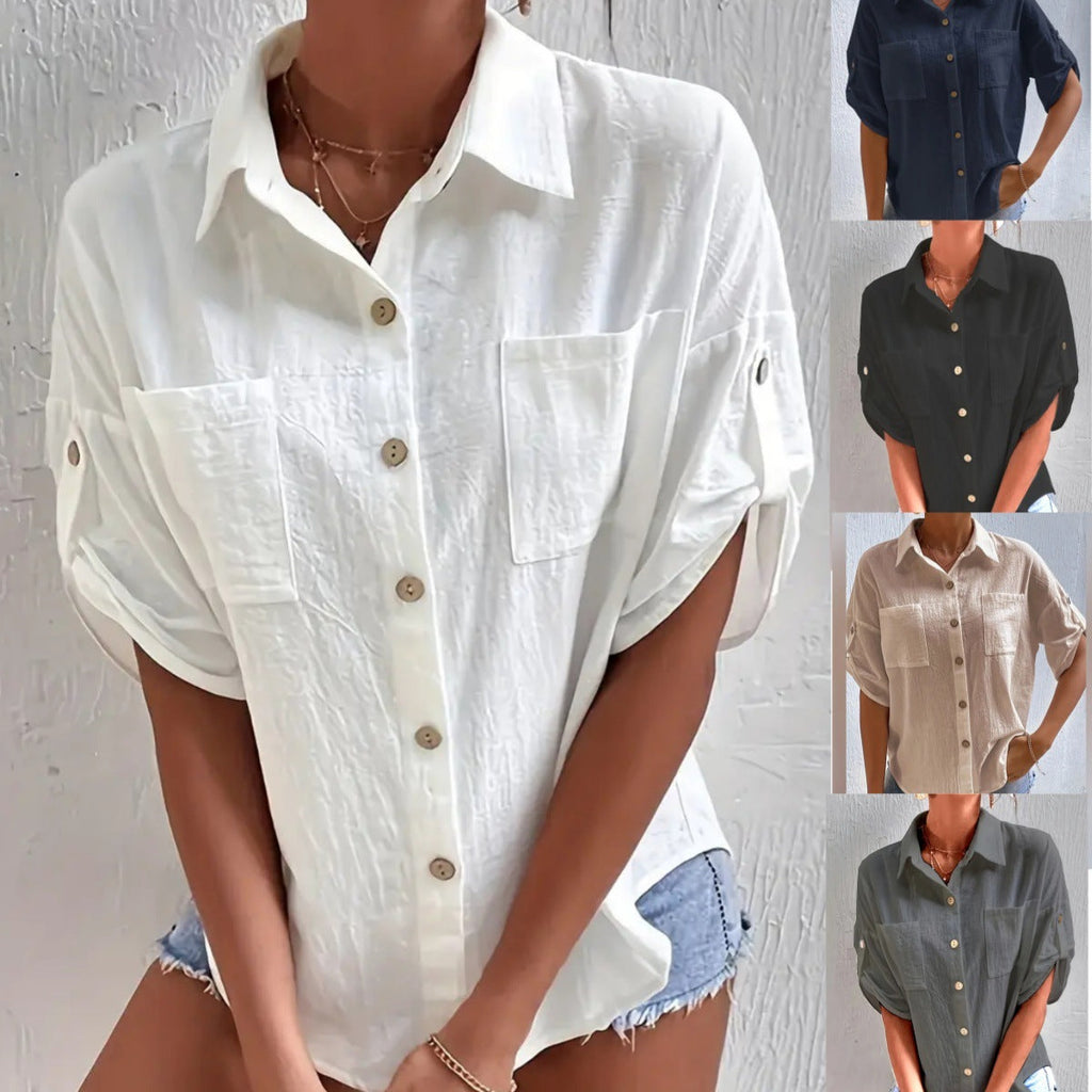 Women's Short-Sleeve Shirt with Patch Pockets and Relaxed Fit