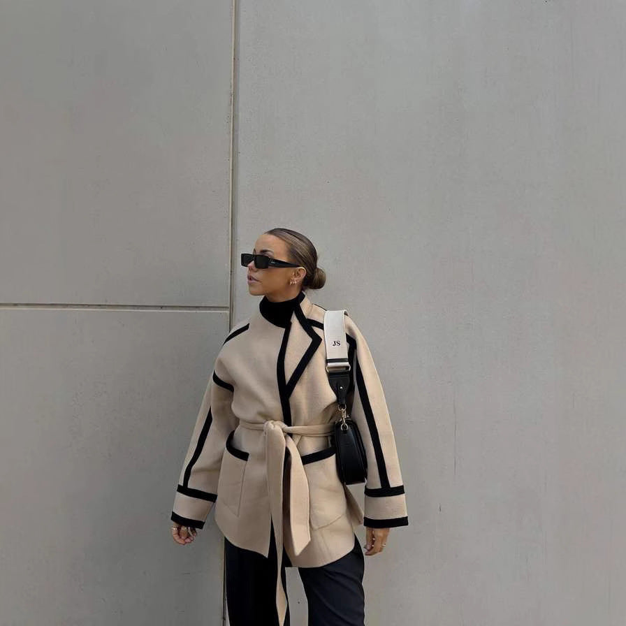 Elegant Blazer Jacket with Waist Belt and Contrast Stitching