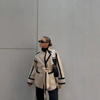 Elegant Blazer Jacket with Waist Belt and Contrast Stitching