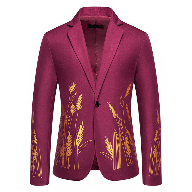 Elegant Blazer with Artistic Plant Pattern and Fine Texture