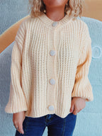 Women's Chunky Knit Cardigan with Balloon Sleeves and Decorative Buttons