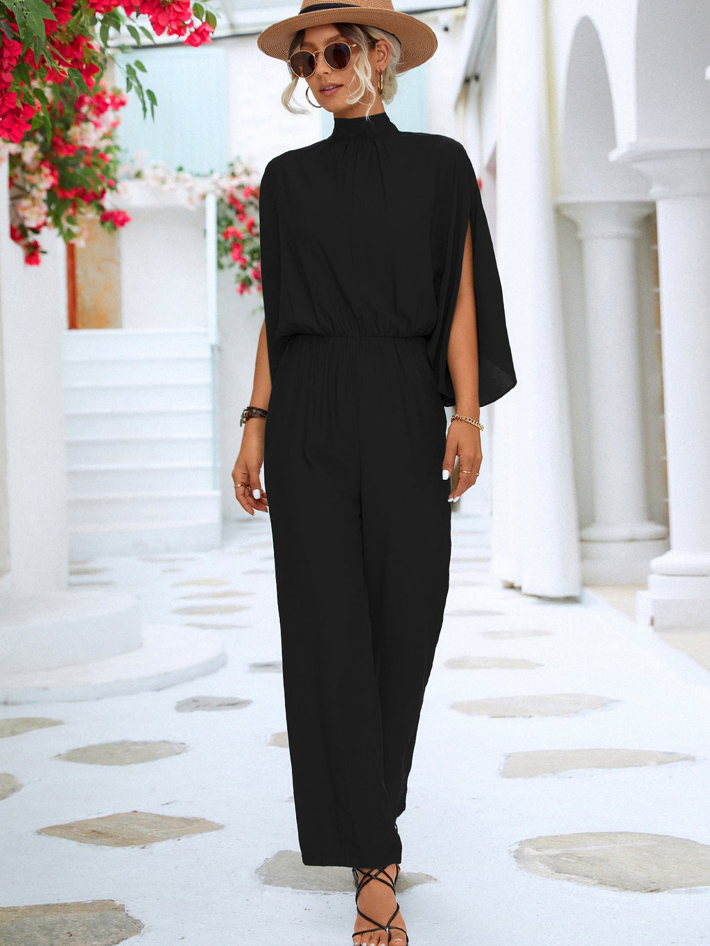 Women's Jumpsuit with High Collar and Flowing Sleeves