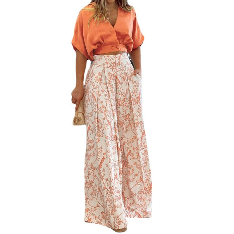 Women's Crop Top Set with Wide Skirt and Floral Pattern