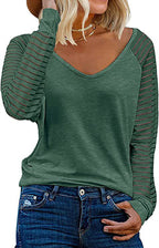 Women's Long-Sleeve V-Neck Shirt with Striped Sleeves