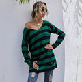Women's Striped Oversized Sweater with Deep V-Neck and Trendy Cut-Outs