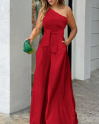 Elegant One-Shoulder Jumpsuit with Wide Leg and Waist Belt