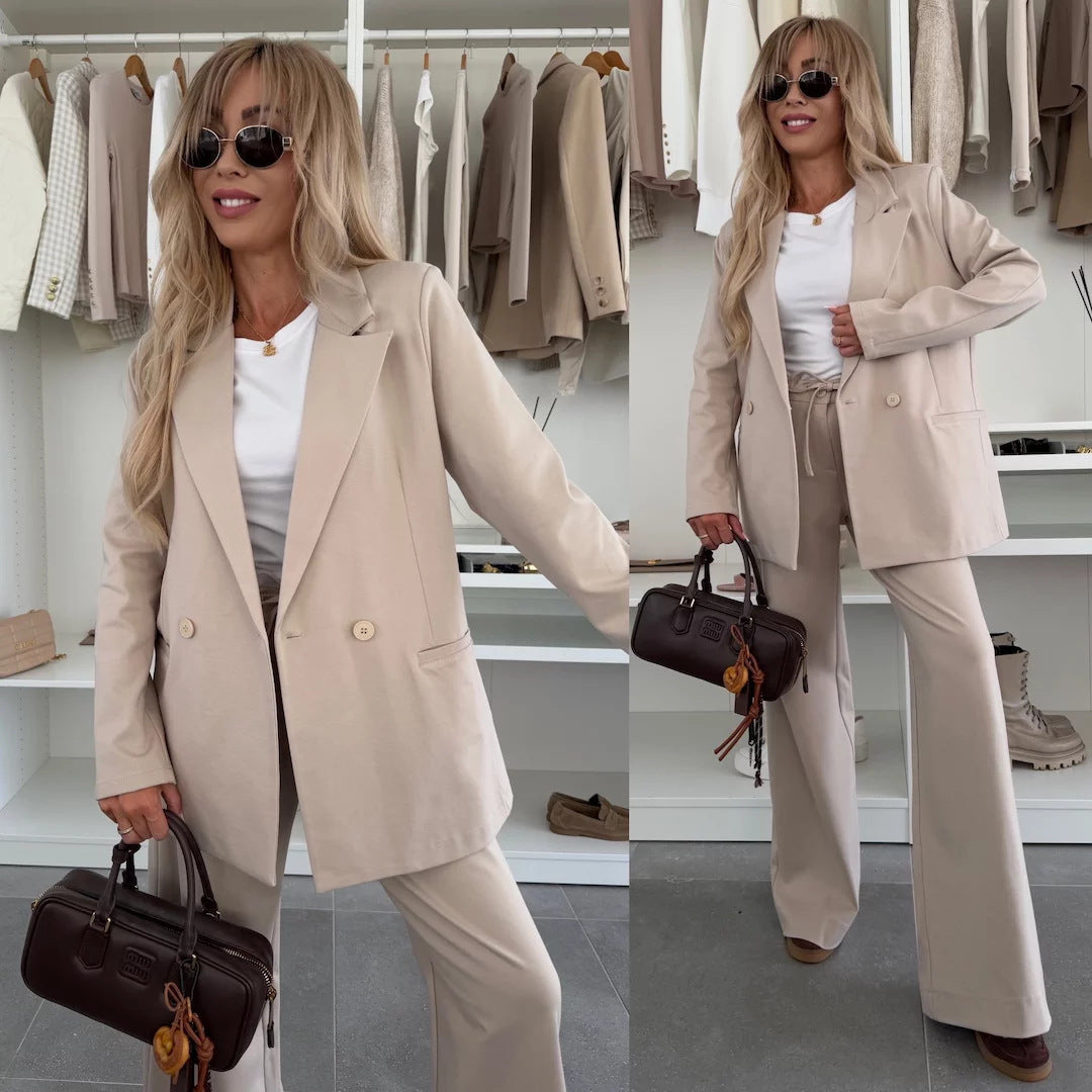 Elegant Women's Blazer Set with Wide Cut Trousers
