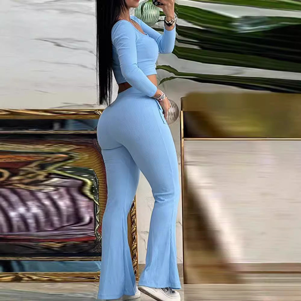 Women's Cropped Top and Flared Pants Set with Button Details