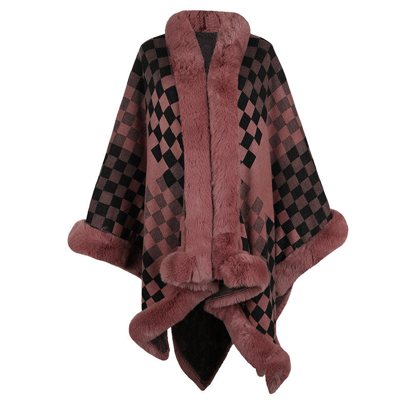 Women's Knit Poncho with Faux Fur Trim