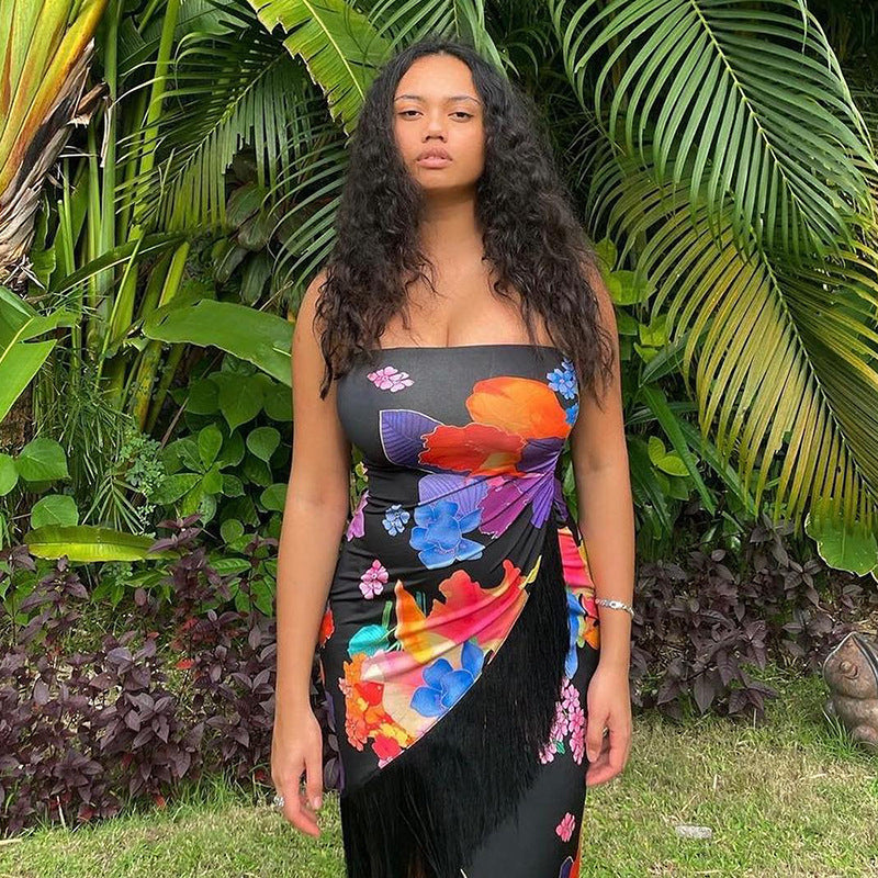 Women's Cocktail Dress with Refined Fringe and Floral Print