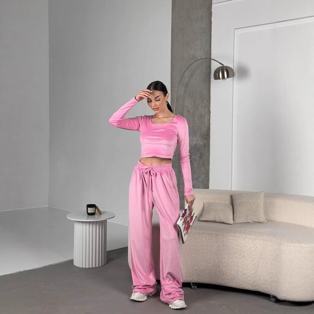 Women's Fashionable Crop Top and Comfortable Leisure Trousers Set
