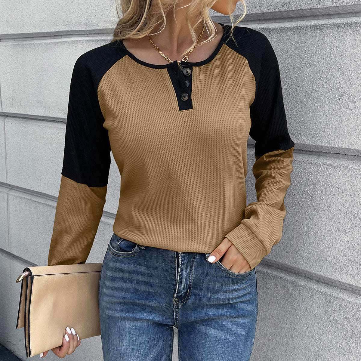 Women's Casual Waffle-Knit Henley Shirt with Contrast Sleeves