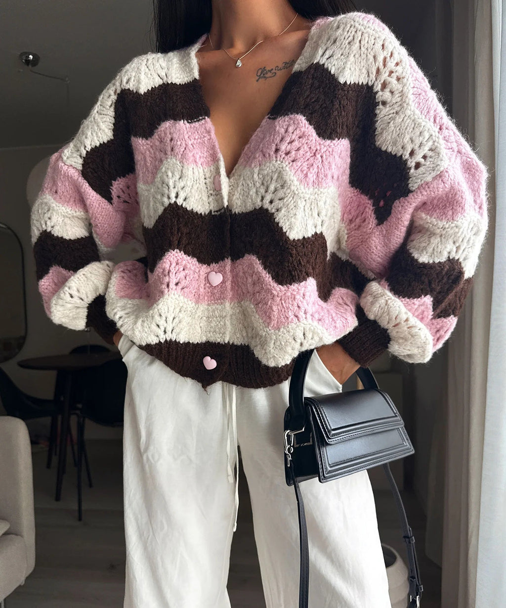 Women's Cozy Knit Cardigan with Wave Pattern