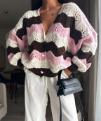 Women's Cozy Knit Cardigan with Wave Pattern