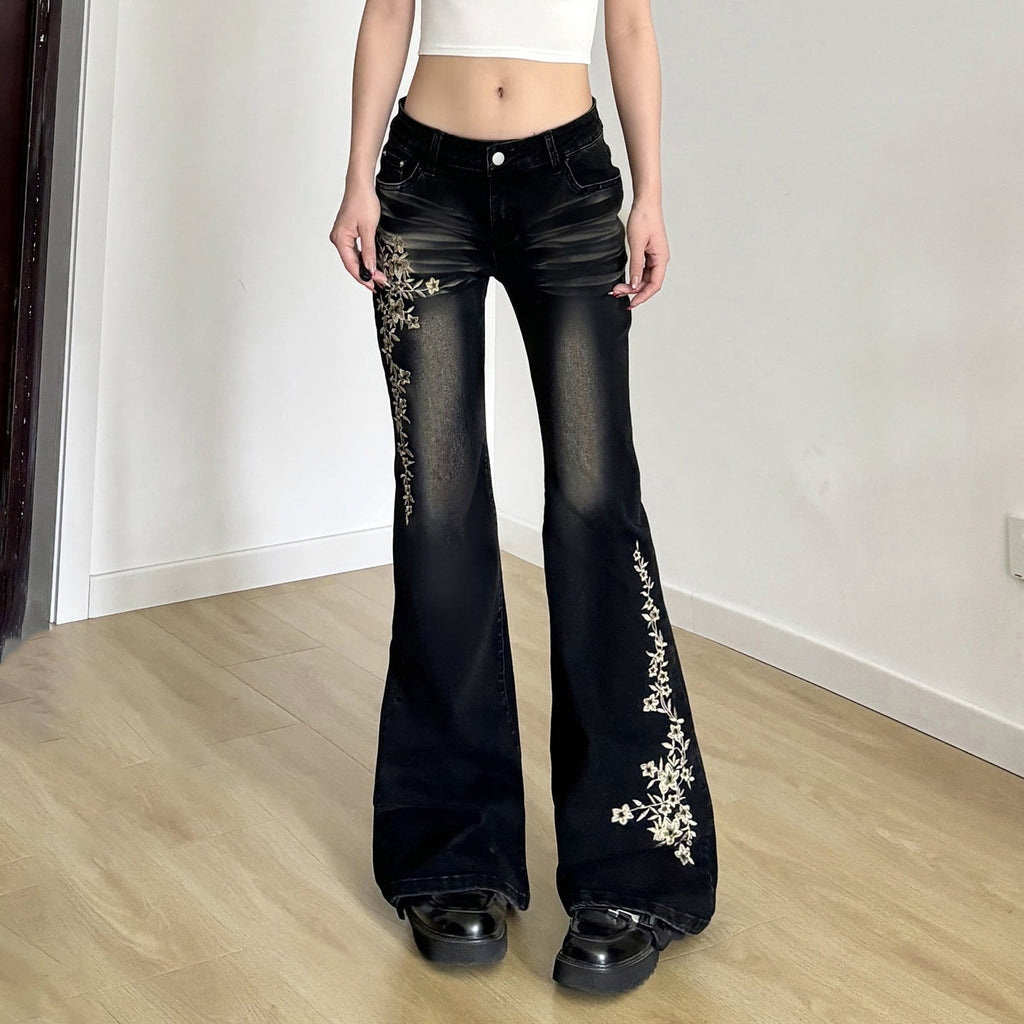 Women's Flared Jeans with Floral Embroidery