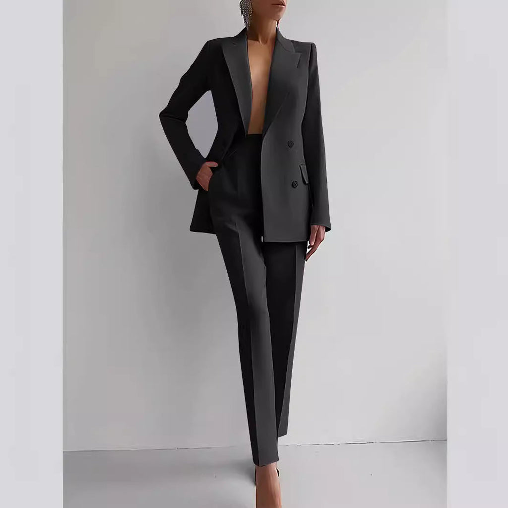 Women's Elegant Double-Breasted Blazer and Tailored Trousers