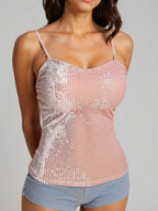Women's Elegant Spaghetti Strap Shirt with Luxurious Sequins and Fine Rib Knit