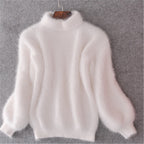 Women's fluffy turtleneck pullover with puff sleeves and textured design