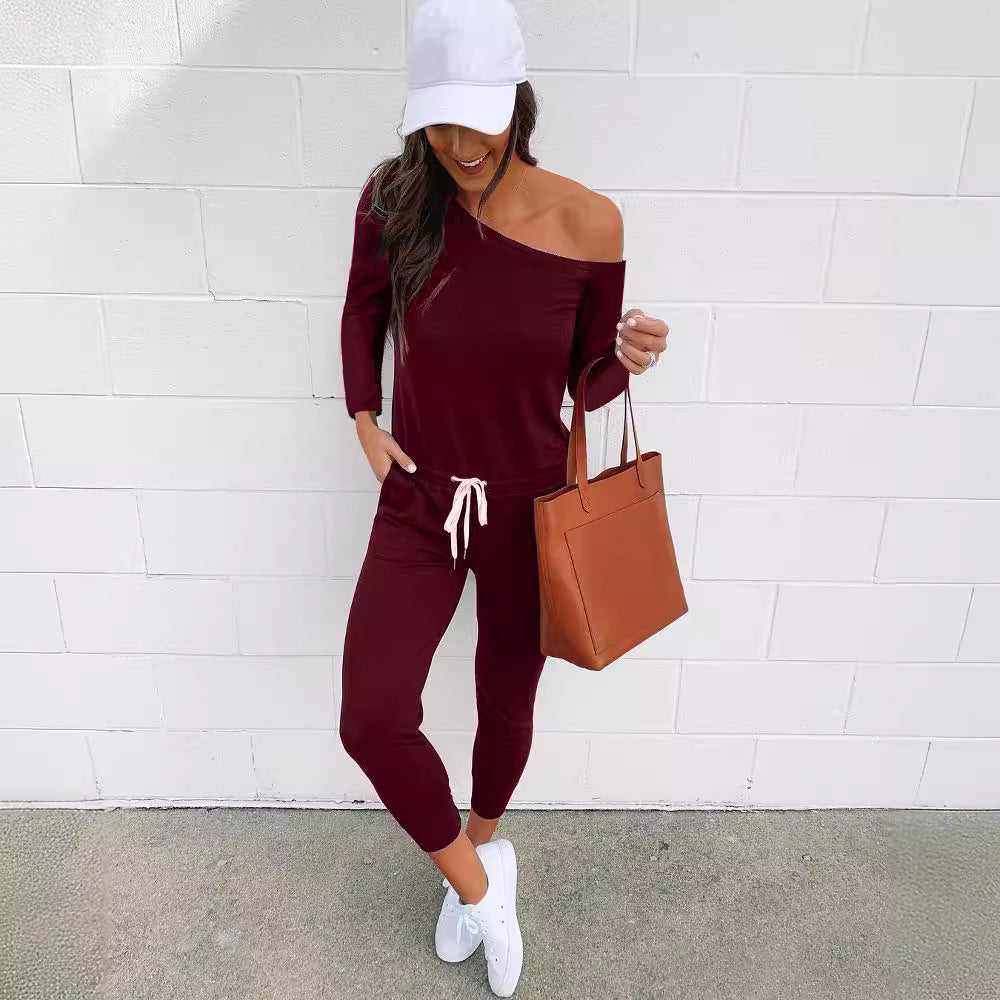 Women's Casual One-Shoulder Jumpsuit with Elastic Waist