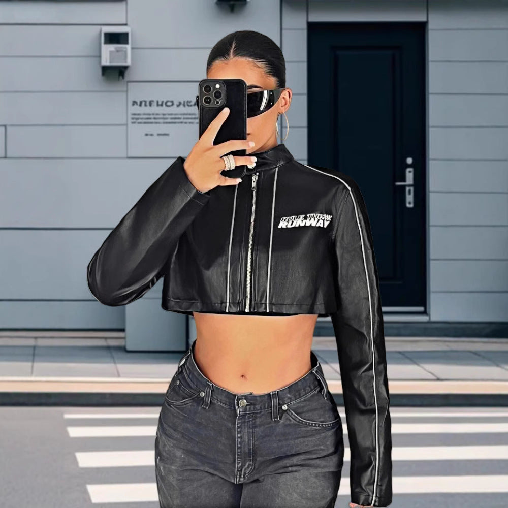 Women's Cropped Faux Leather Jacket with Sporty Details
