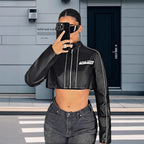Women's Cropped Faux Leather Jacket with Sporty Details
