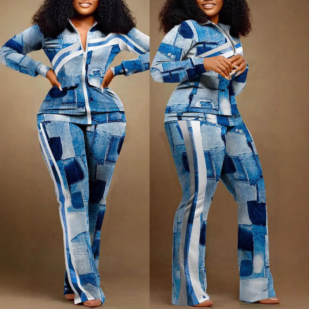 Denim-Style Tracksuit Set with Zipper