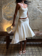 Women's Sleeveless Top with Lace Trim and Flowing Skirt