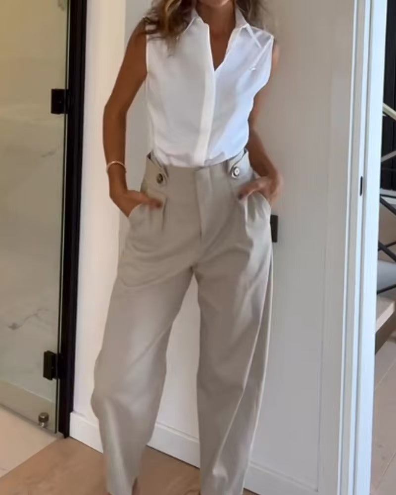 Women's Elegant High-Waisted Fabric Trousers with Pockets