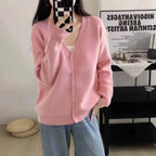 Women's Chunky Knit Cardigan with Deep V-Neck and Large Button Details
