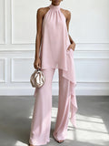 Evening Two-Piece Set with Gathered Mock Neck and Wide-Leg Trousers