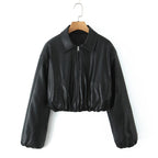 Women's Cropped Faux Leather Jacket with Pockets and Elastic Hem