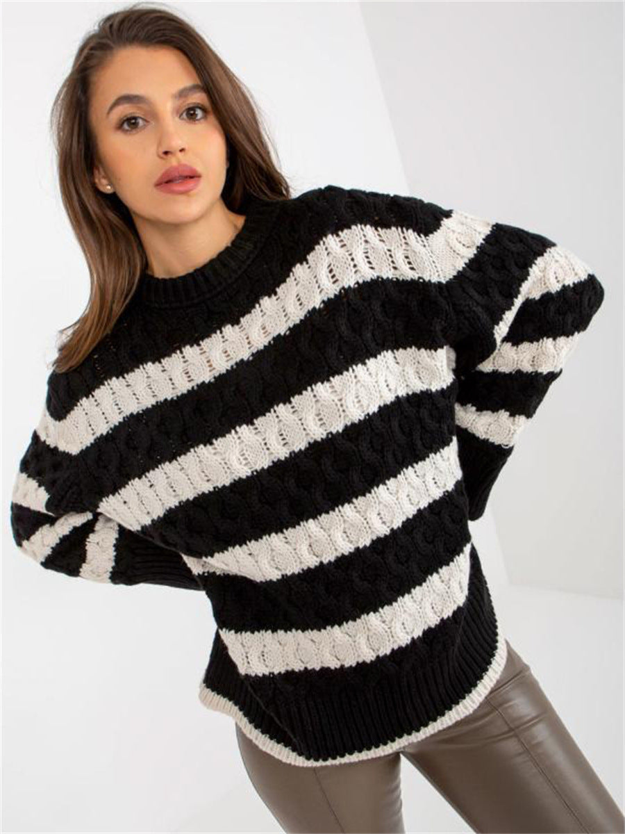 Women's Chunky Knit Sweater with Striped Pattern and Voluminous Sleeves