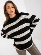 Women's Chunky Knit Sweater with Striped Pattern and Voluminous Sleeves