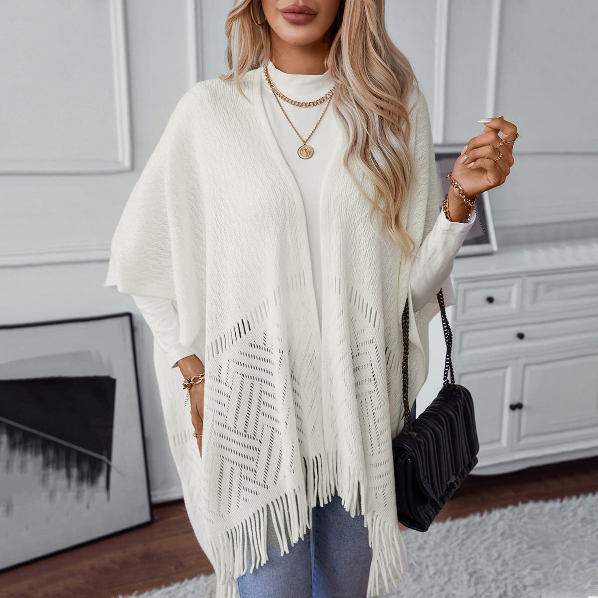 Elegant Knit Poncho with Fringed Details and Pattern