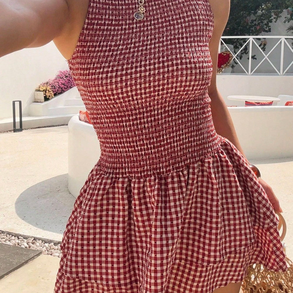Women's Sleeveless Mini Dress with Plaid Pattern and Elastic Waist