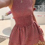 Women's Sleeveless Mini Dress with Plaid Pattern and Elastic Waist