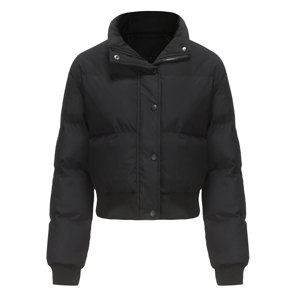 Women's Cropped Quilted Jacket with High Collar and Snap Buttons