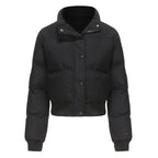 Women's Cropped Quilted Jacket with High Collar and Snap Buttons