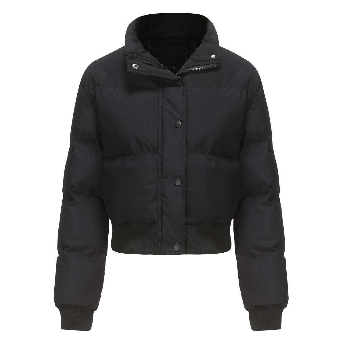 Women's Cropped Quilted Jacket with High Collar and Snap Buttons