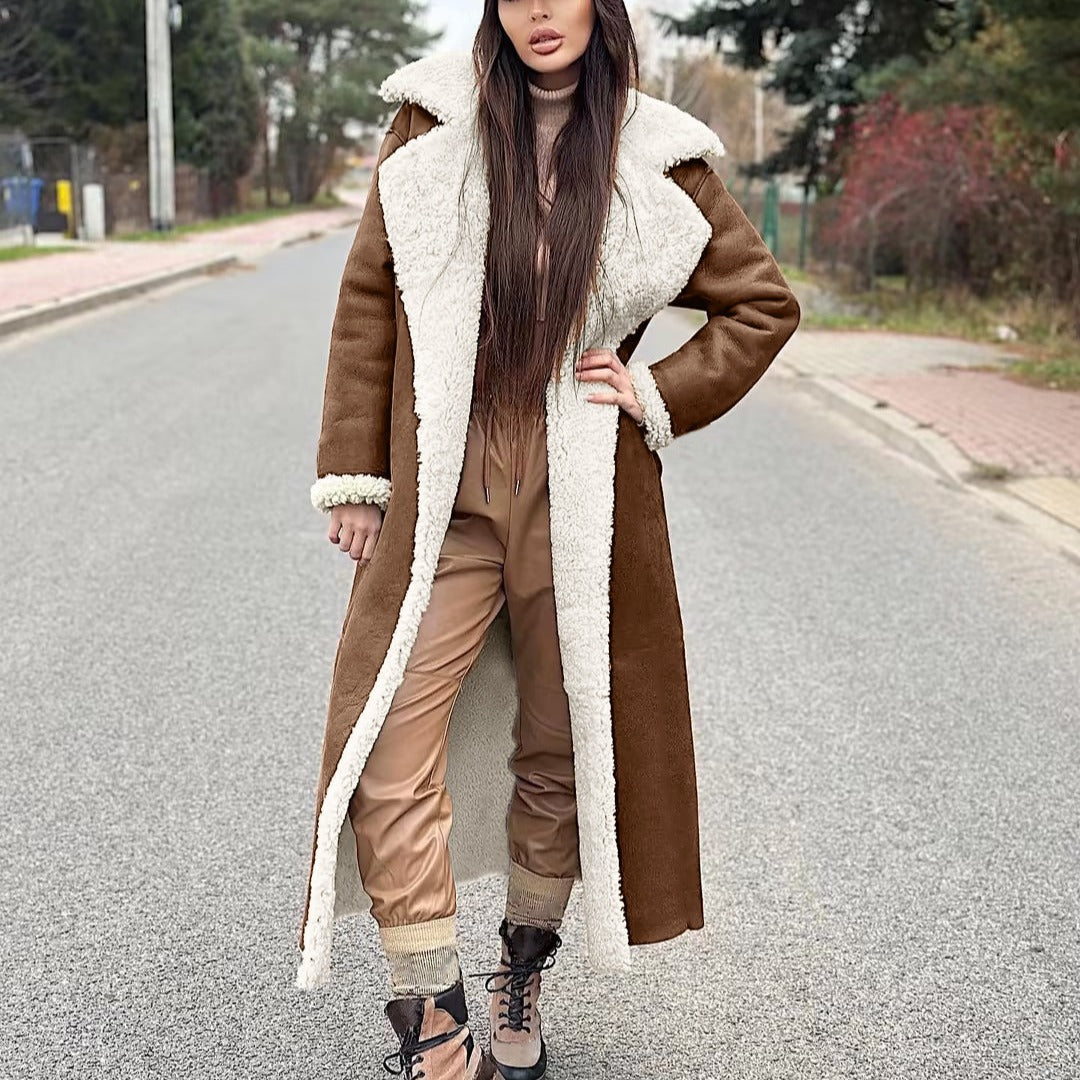 Women's Elegant Faux Fur Coat with Oversized Lapel and Comfortable Pockets