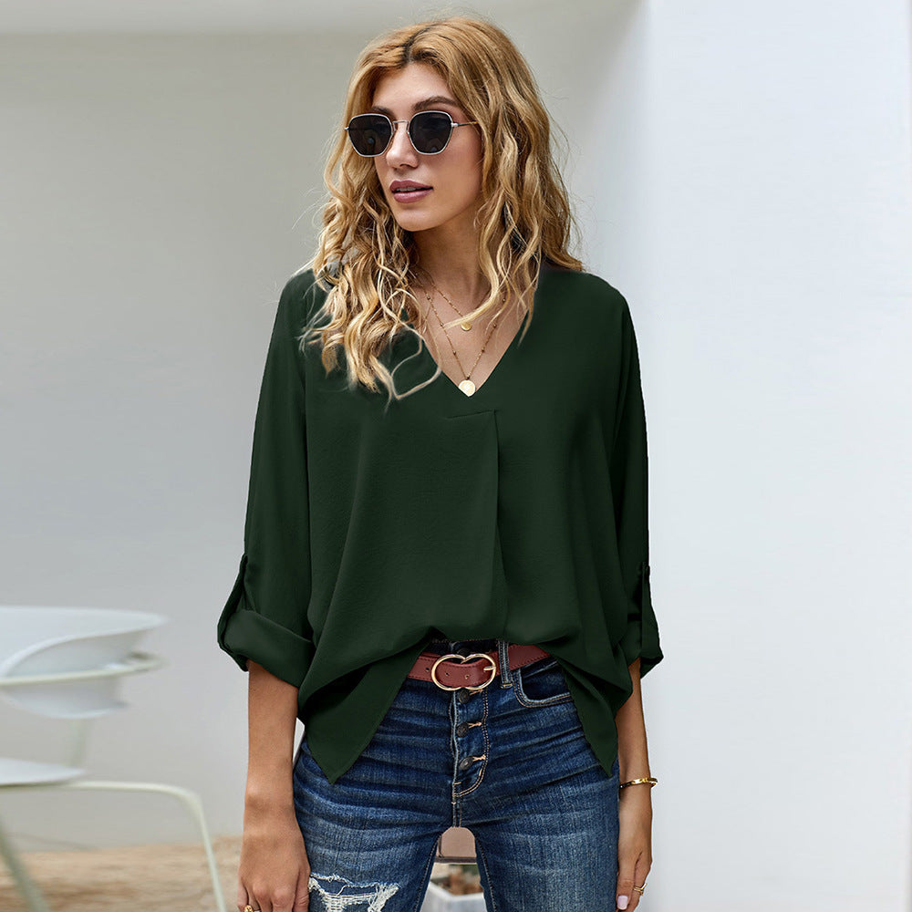 Women's Blouse with V-Neck and Casual Long Sleeves