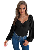 Women's Bodysuit with Knot Details and Puff Sleeves