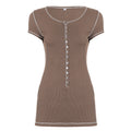 Women's Form-Fitting Short Sleeve Shirt with Button Placket and Ribbed Texture