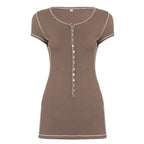 Women's Form-Fitting Short Sleeve Shirt with Button Placket and Ribbed Texture