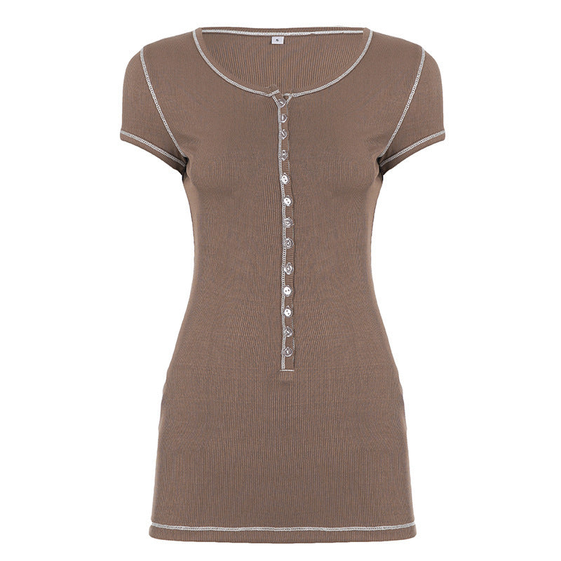 Women's Form-Fitting Short Sleeve Shirt with Button Placket and Ribbed Texture