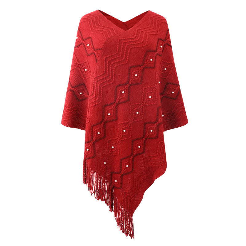 Women's Elegant Poncho with Textured Pattern and Decorative Fringe