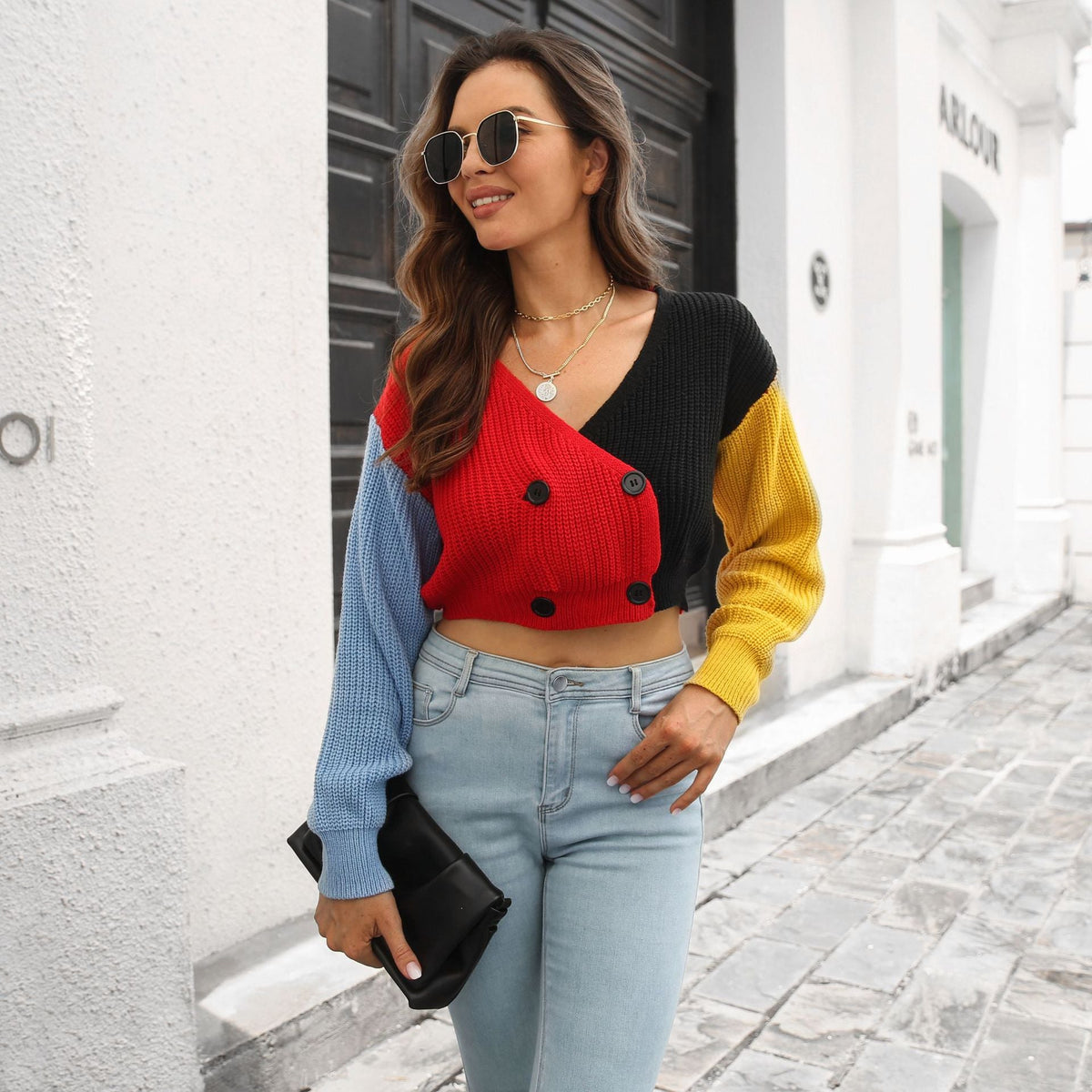 Women's Cropped Cardigan with Color-Block Design